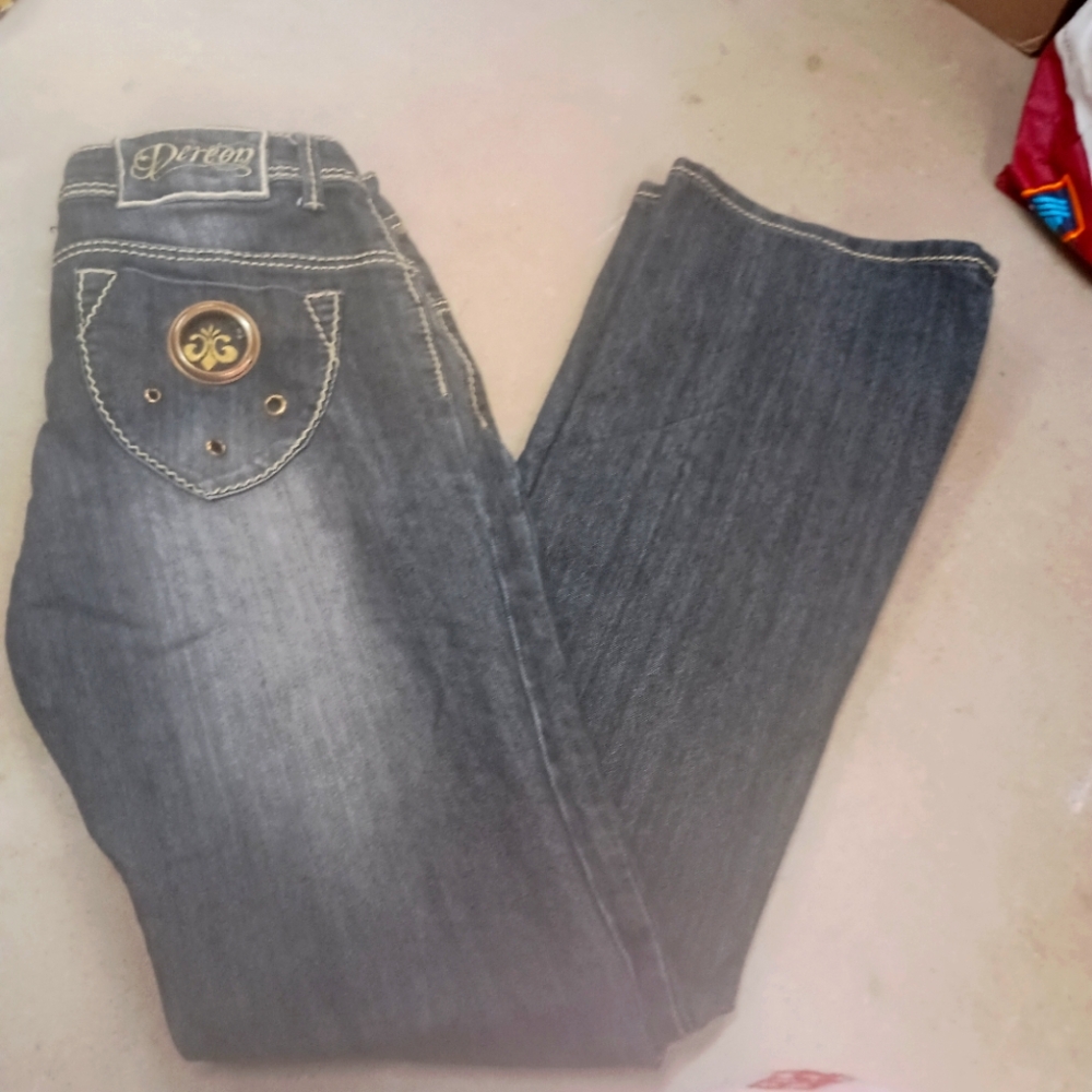 DEREON LADIES WOMENS 5/6 VINTAGE Y2K FLARE LOGO JEANS STRETCH $88 RARE